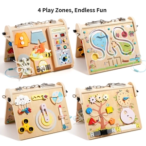 Wooden Montessori busy board for toddlers featuring four interactive LED light play zones