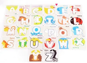 Matrix layout showing 26 wooden alphabet cards with animal illustrations for early learning