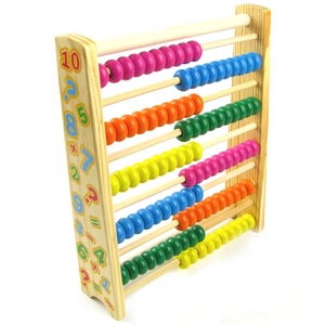 Macro shot of colorful wooden abacus with 10 rows of beads and printed math equations