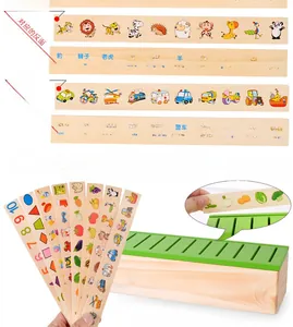Educational wooden sorting box showing bilingual tiles for animals and numbers