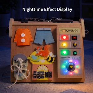 Wooden Montessori busy board with LED lights and clothing buttons for toddler early learning