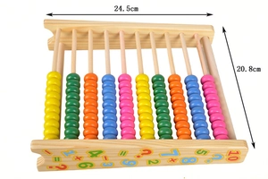 Detail view of 10-row wooden abacus showing colorful counting beads and math symbols
