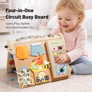 Montessori wooden busy board with LED lights and switch buttons for toddler early education
