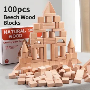 100-piece beech wood building block set with colorful geometric shapes for kids