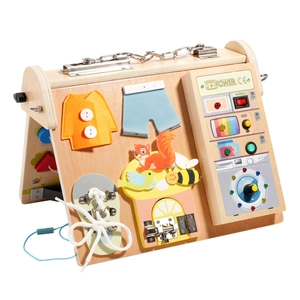 Educational wooden busy board for toddlers with LED lights and fine motor skill modules