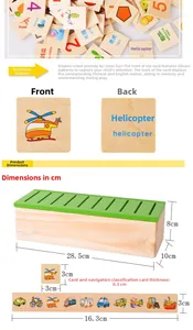 Detailed size specifications of wooden sorting box and double-sided cognitive cards