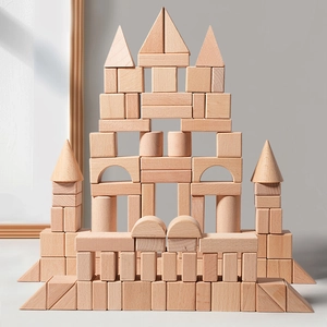 Natural wood building blocks set featuring a symmetric castle tower made of solid beechwood