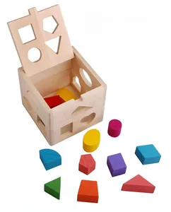 Detail of wooden shape sorter box with colorful blocks for toddler hand-eye coordination