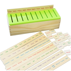Close-up of wooden sorting box with English category boards and colorful learning blocks