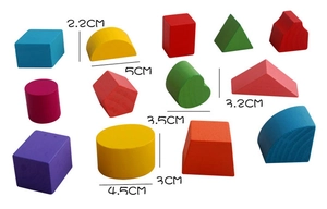 Detailed dimensions of various colorful geometric wooden blocks for kids