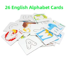 Close-up of 26 alphabet learning cards with animal illustrations and English words