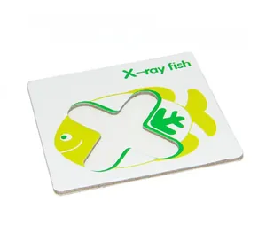 Macro detail of wooden alphabet puzzle board showing letter X and X-ray fish illustration