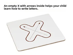 Educational wooden letter X card with dashed arrows showing correct handwriting stroke order