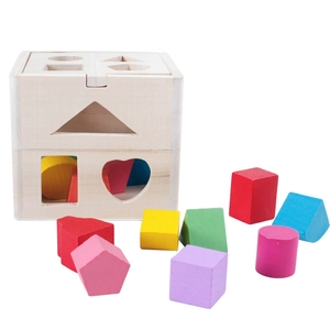 Wooden geometric shape sorter toy box with colorful blocks for preschool learning