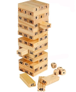 Détail des blocs de tour vacillante en bois avec chiffres et dés assortis inclus