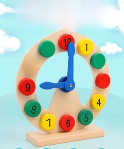 Detailed view of educational wooden clock with colorful numeric sliders for toddlers