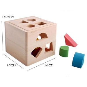Educational wooden shape sorter box for toddlers with colorful geometric blocks and 13 holes
