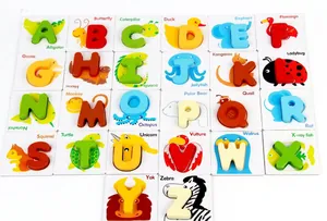 Educational wooden alphabet puzzle set with 26 colorful animal-themed letter cards