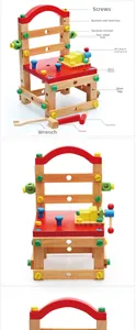 Detailed view of DIY wooden children's chair with colorful screws and assembly tools