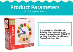 Detail of colorful wooden educational clock toy showing hour hand and dimensions