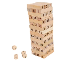 Vue détaillée du jeu de tour en bois de 48 pièces avec blocs numérotés et dés