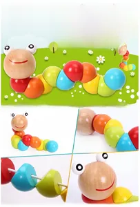 Macro detail of jointed colorful wooden caterpillar toy for baby motor skills training