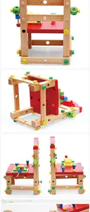 Detail view of colorful wooden nuts and bolts assembly on the kids DIY tool chair toy