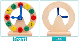 Front and back detail of a wooden educational clock toy with colorful numbers for kids