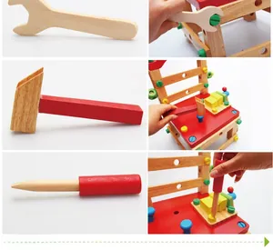 Macro view of wooden toy tools and kids' hands assembling a DIY beechwood chair