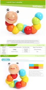 Detailed view of colorful wooden caterpillar toy showing flexible joints and bright segments
