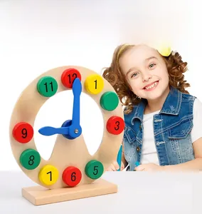 Detailed macro view of wooden hollow clock teaching toy with colorful number blocks