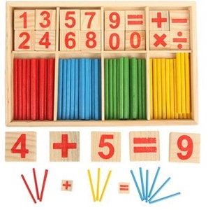 Detailed top view of wooden math box with colored counting sticks and number blocks