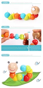 Detailed view of colorful wooden twist caterpillar toy showing elastic cord and segments