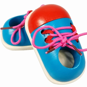 Educational wooden lacing shoe toy for toddlers featuring red and blue lace-up training boards