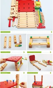 Detailed assembly steps of wooden toy chair with screws, nuts and small tools