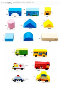 Detailed size specifications for wood city block sets including vehicles and shapes