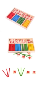 Detail of wooden math learning box with colorful counting sticks and number tiles
