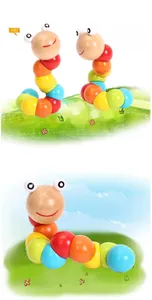 Macro shot of flexible wooden caterpillar toy with colorful segments for baby finger training