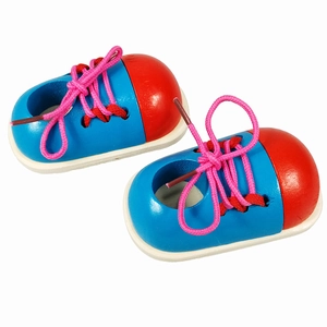 Educational wooden lacing shoe toy for toddlers with bright blue and red paint design
