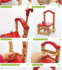 Step-by-step DIY assembly guide for children wooden toy chair with colorful screw components