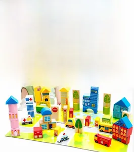 Close-up of 62-piece wooden city traffic building blocks with various toy vehicles