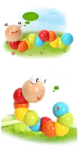Macro shot of flexible wooden segments and colorful joints of the caterpillar toy