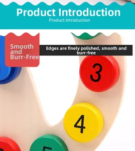 Macro detail of smooth, burr-free wooden number blocks and colorful toy clock pieces