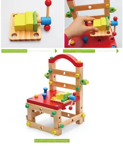 Detail of DIY beech wood children chair showing assembly steps with colorful plastic screws