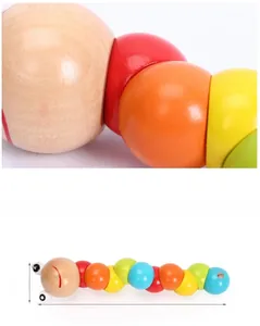 Detailed close-up of colorful wooden caterpillar toy showing texture and product dimensions