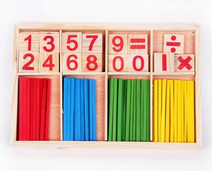 Detail view of wooden storage box with colorful math counting sticks and number blocks