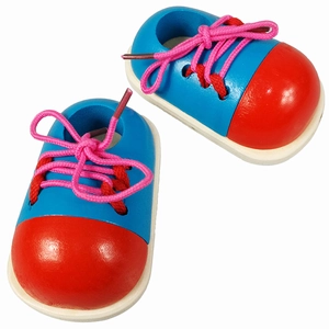 Educational wooden lacing shoes toy for kids to learn tying shoelaces in red and blue