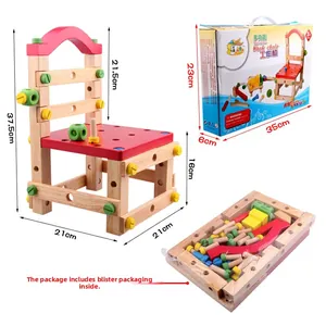 Detail view of beechwood DIY toy chair components with colorful screws and retail packaging