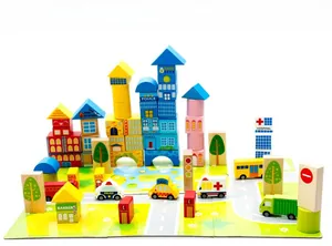 Macro view of wooden city blocks set including functional buildings and toy vehicles