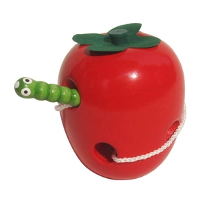 Educational wooden caterpillar eating apple lacing toy for toddlers and preschoolers